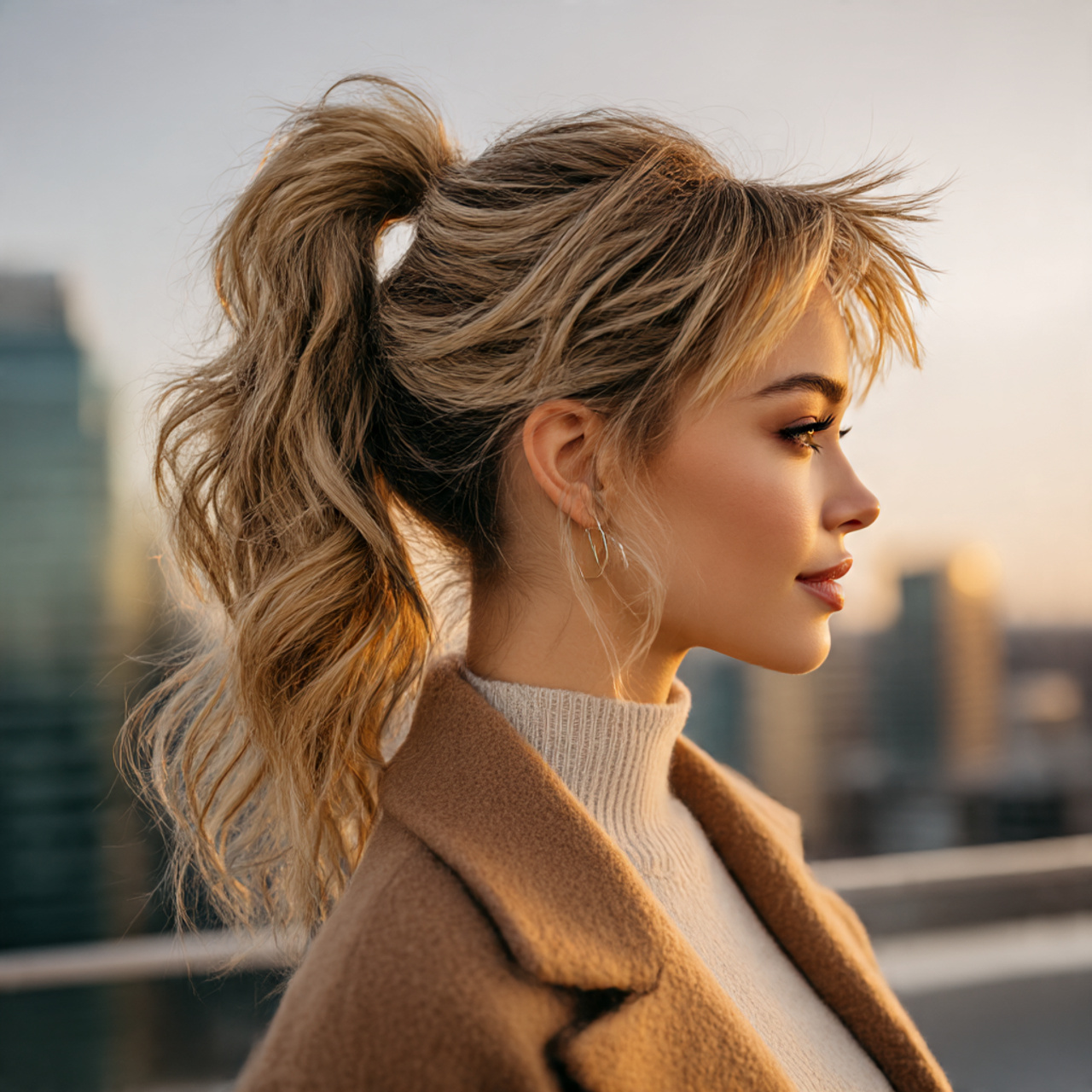 a stylish woman with a high ponytail