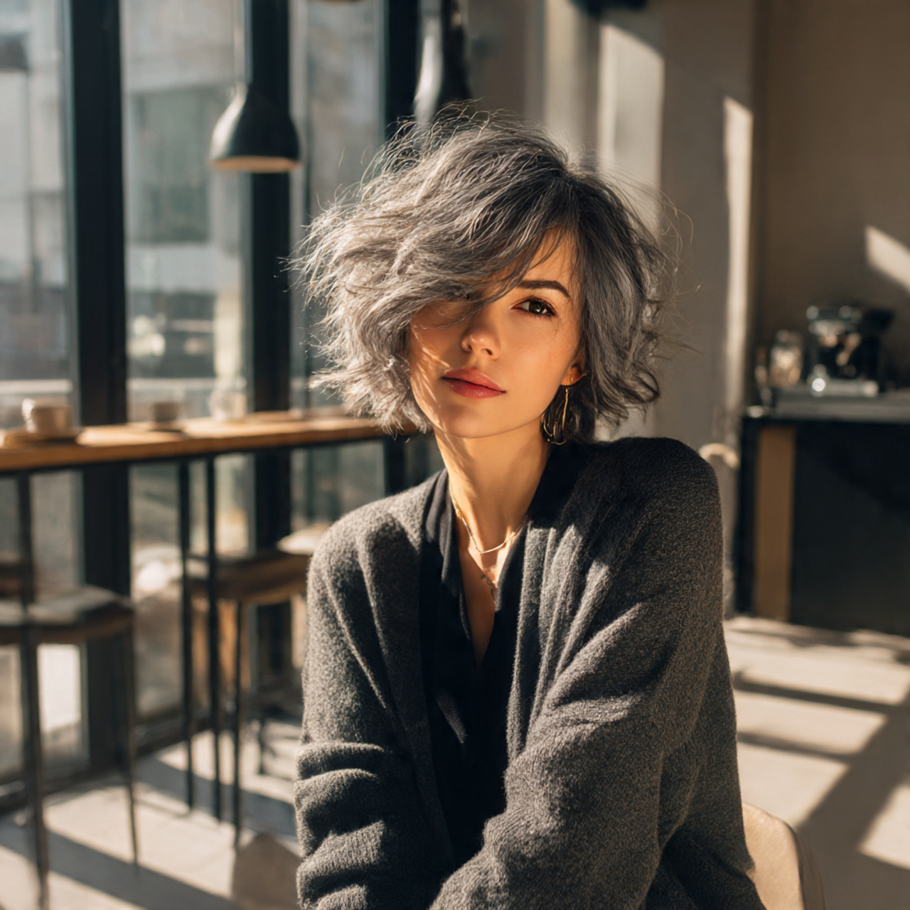 a stylish woman with a layered grey