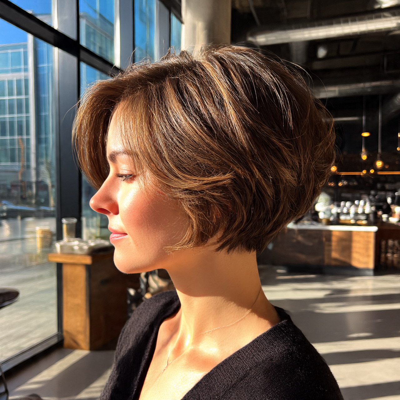 a stylish woman with a sleek voluminous