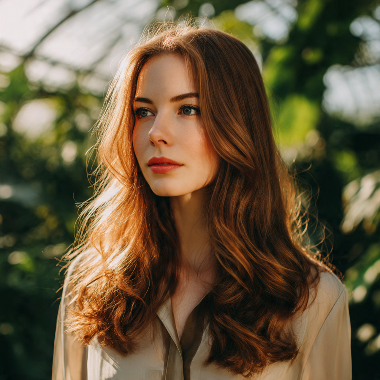 a stylish woman with apricot brown hair