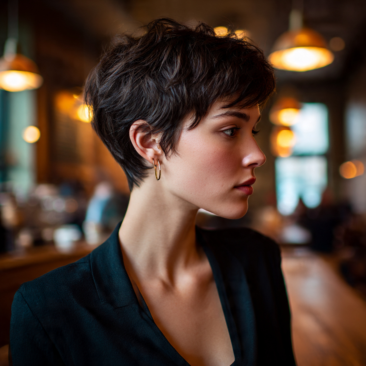 a stylish woman with butterfly cut short 1