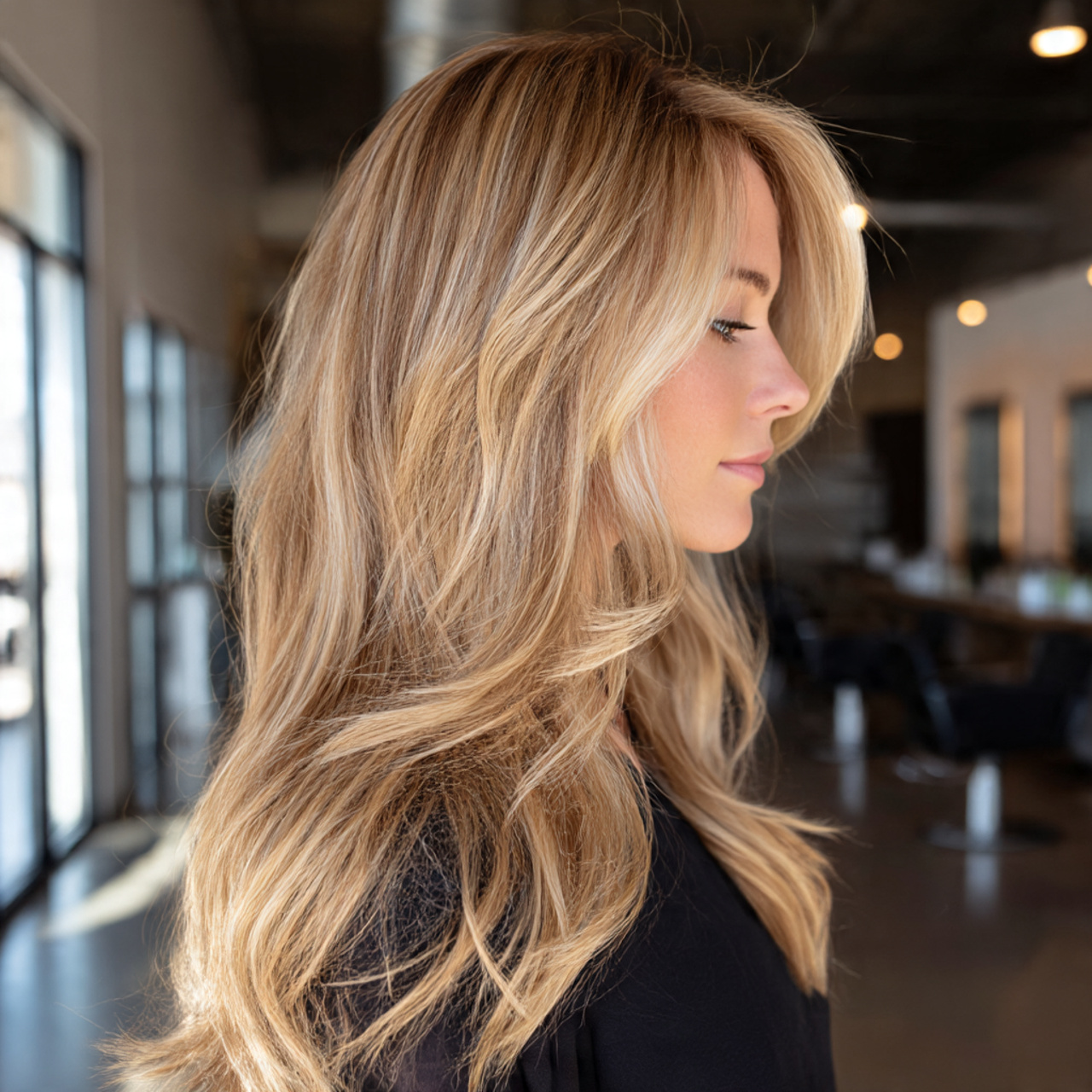 a stylish woman with dimensional blonde hair