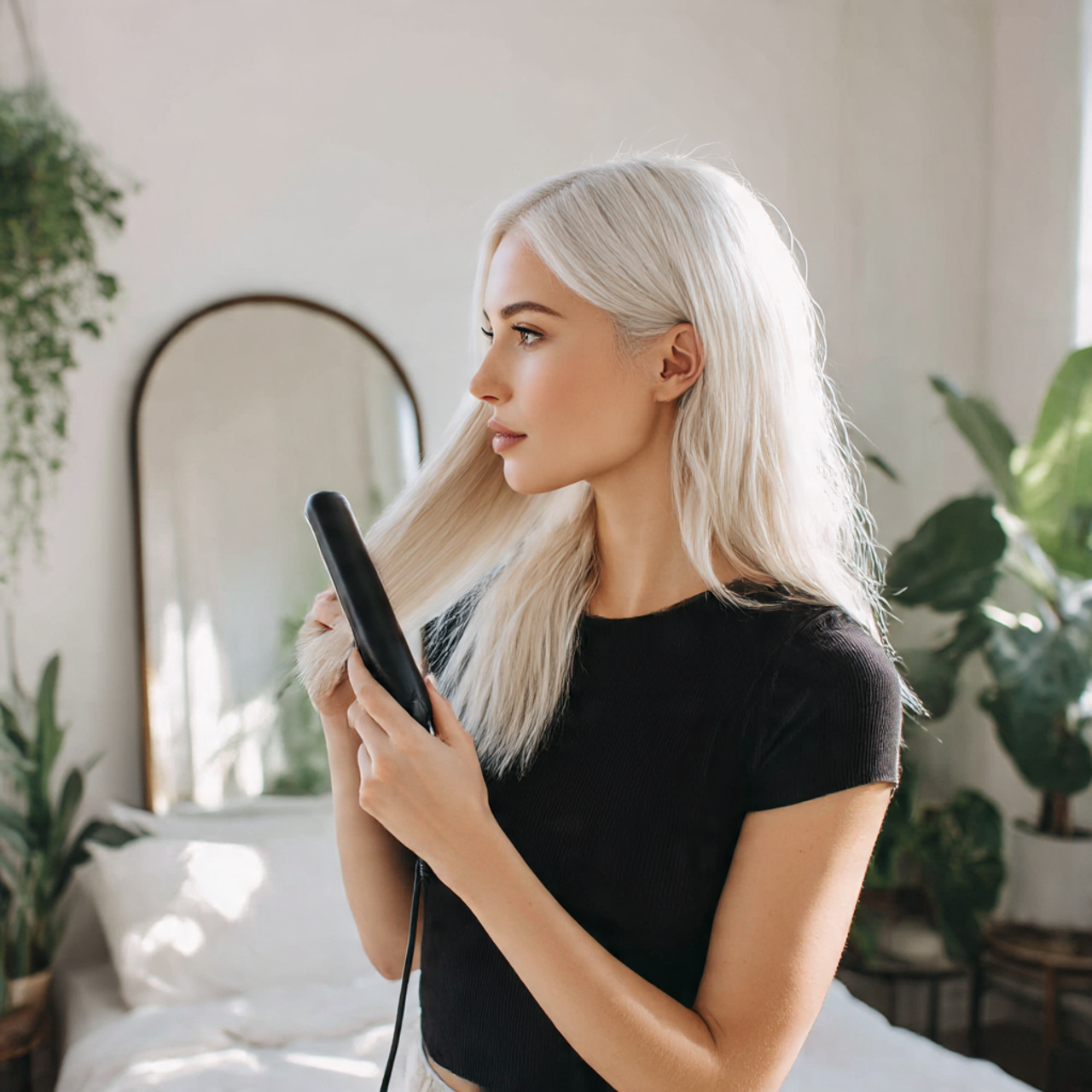 a stylish woman with icy blonde hair