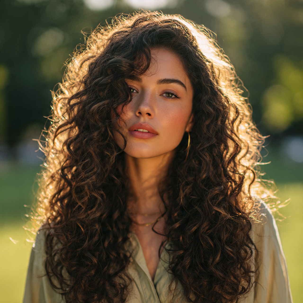 a stylish woman with long layered curly