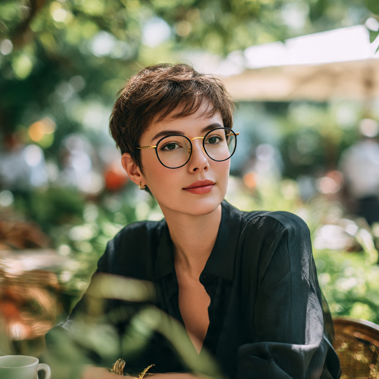 a stylish woman with short hair for