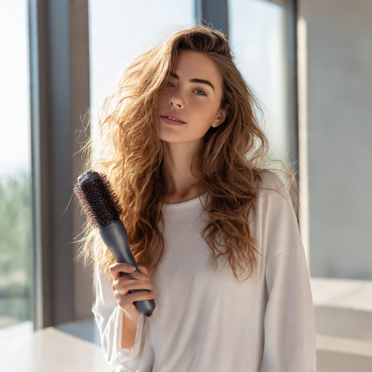 a stylish young woman with glossy voluminous