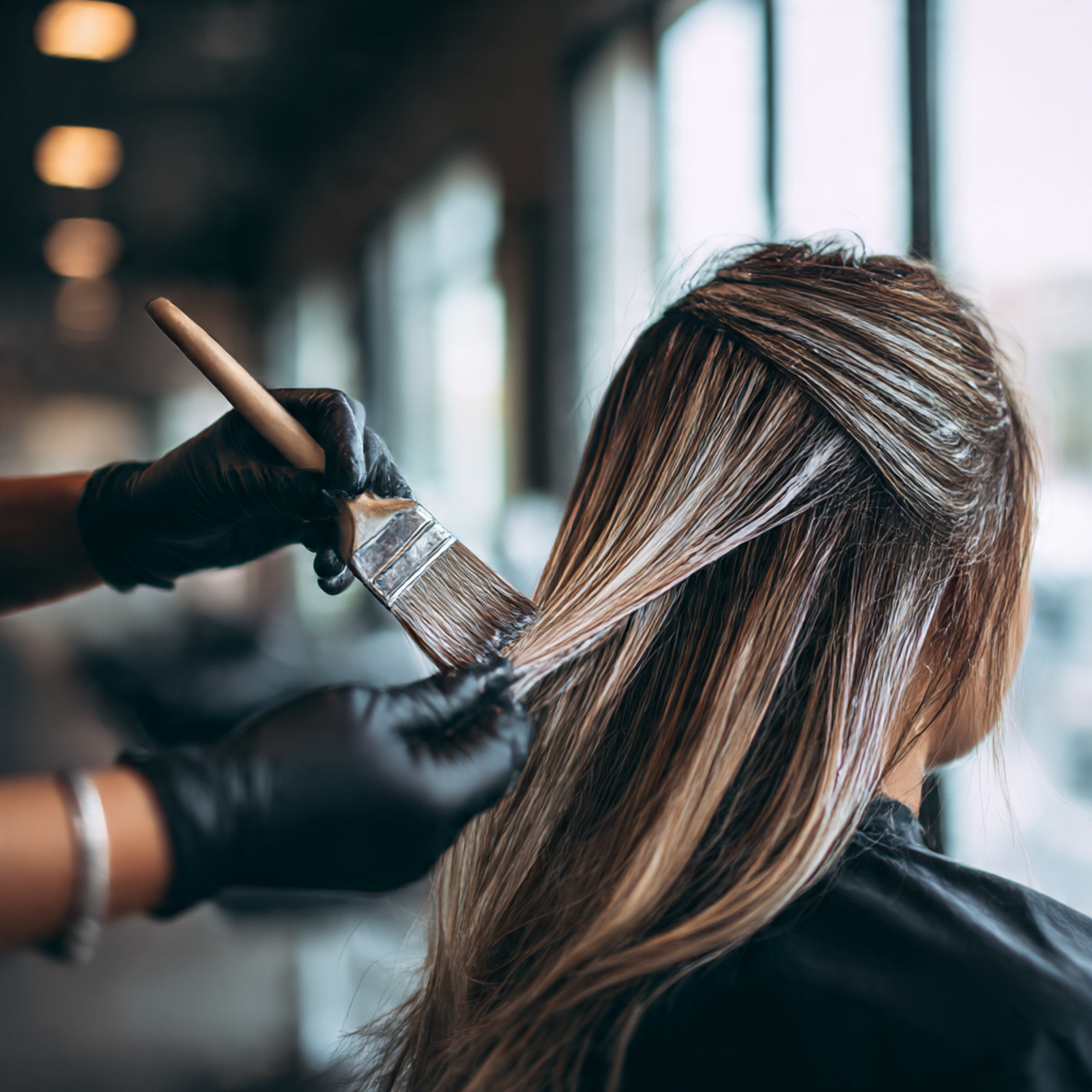 a stylist carefully applying bleach for streaky 1