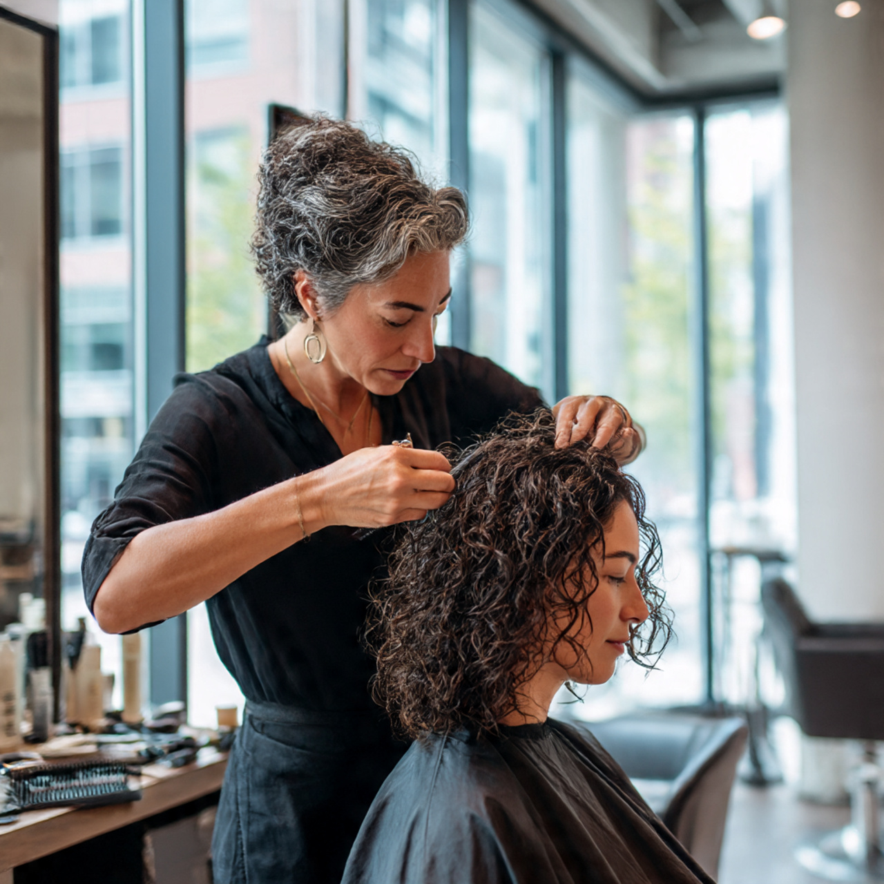 27 Stunning Face-Framing Curly Hair Ideas for Every Curl Type 11 a stylist carefully performing a dry cut