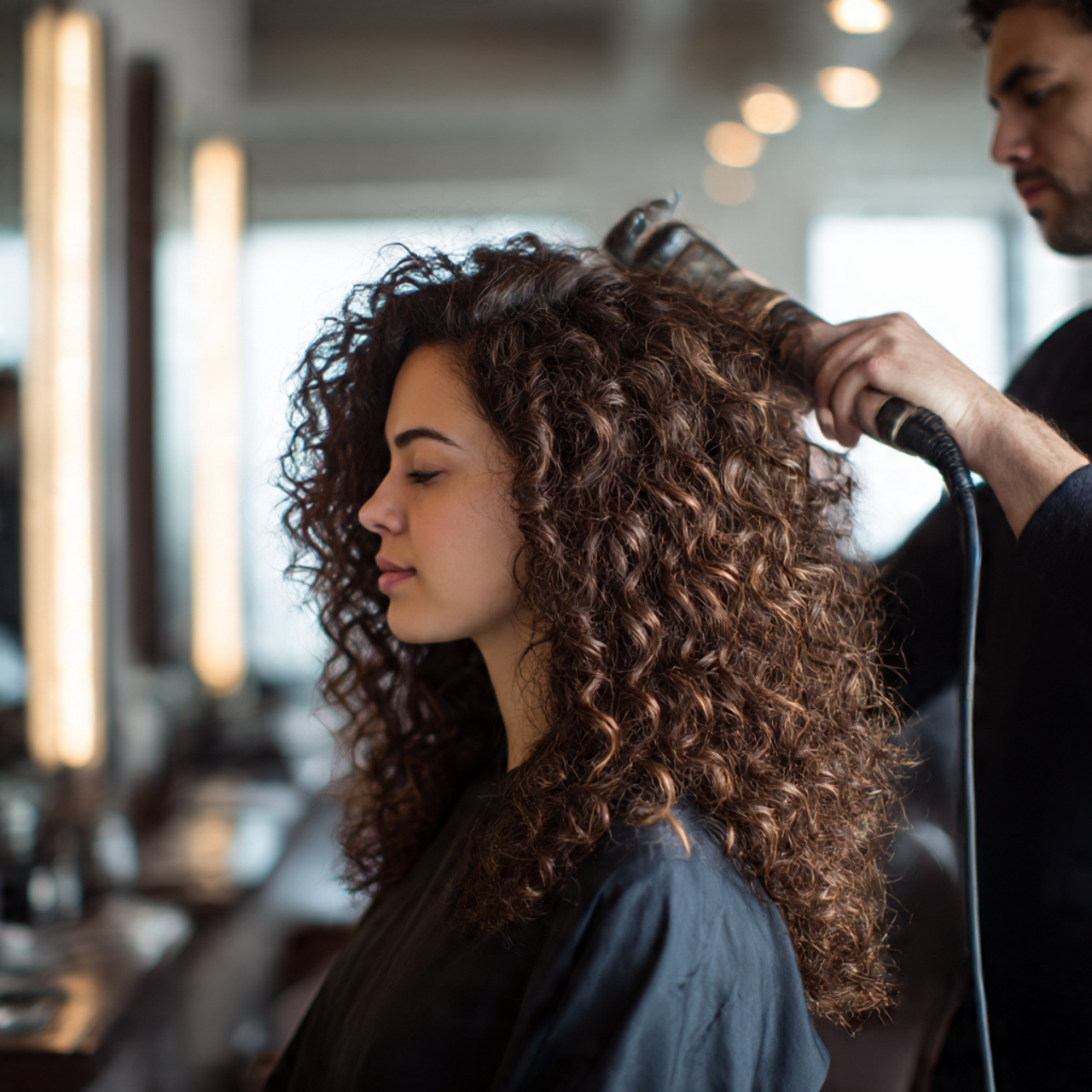 a stylist using a diffuser on a