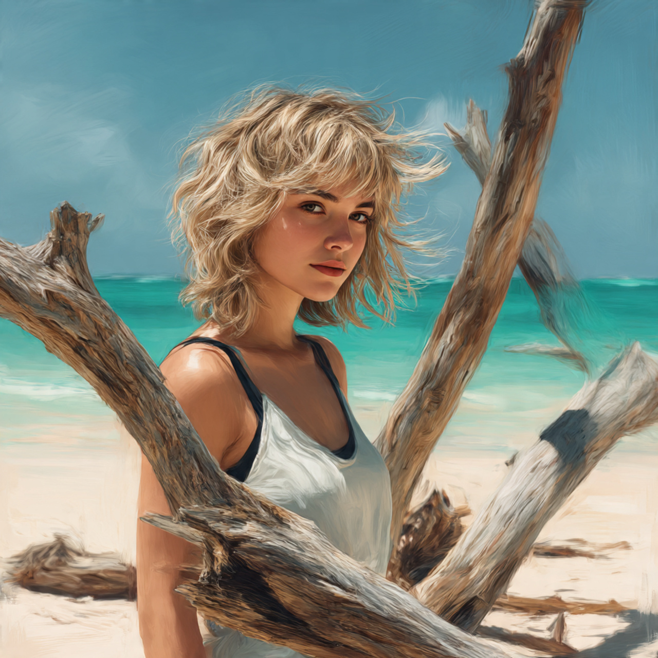 a sun kissed woman with tousled beachy wolf