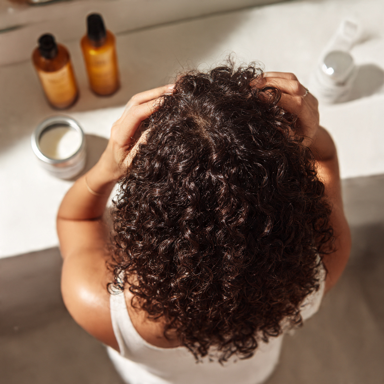 27 Stunning Face-Framing Curly Hair Ideas for Every Curl Type 27 a top down view of a woman applying