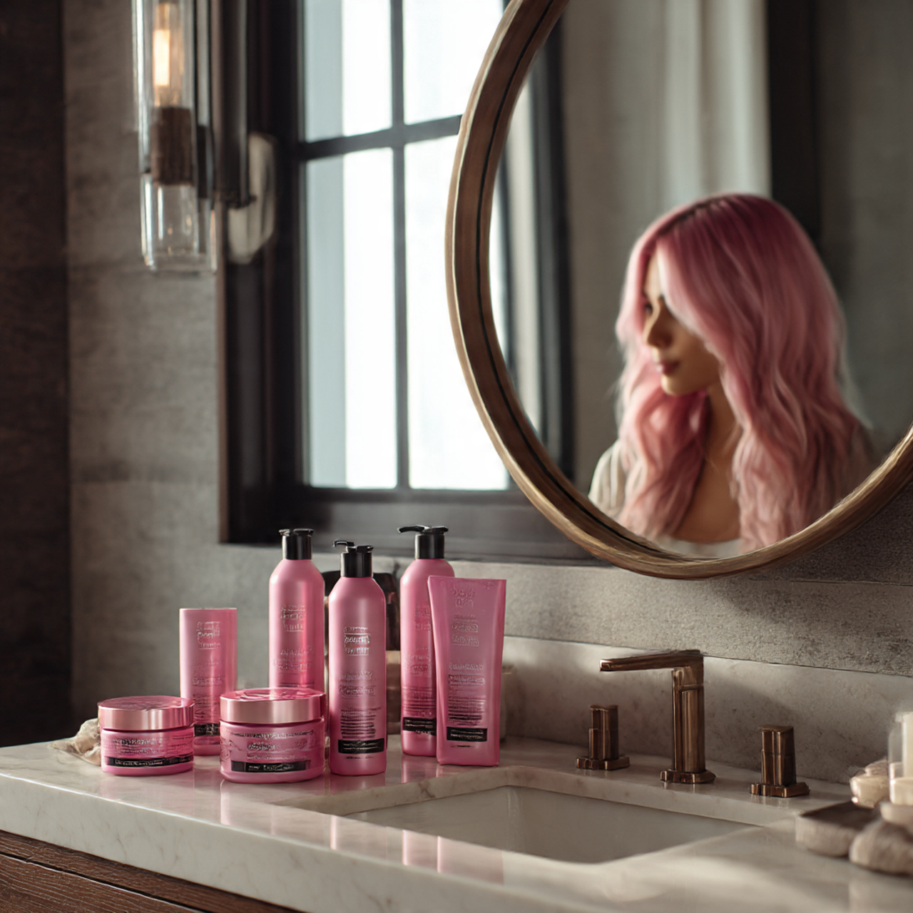 32 Ultimate Pink Hair Color Inspiration for Every Personality 26 a trendy bathroom scene with a vanity