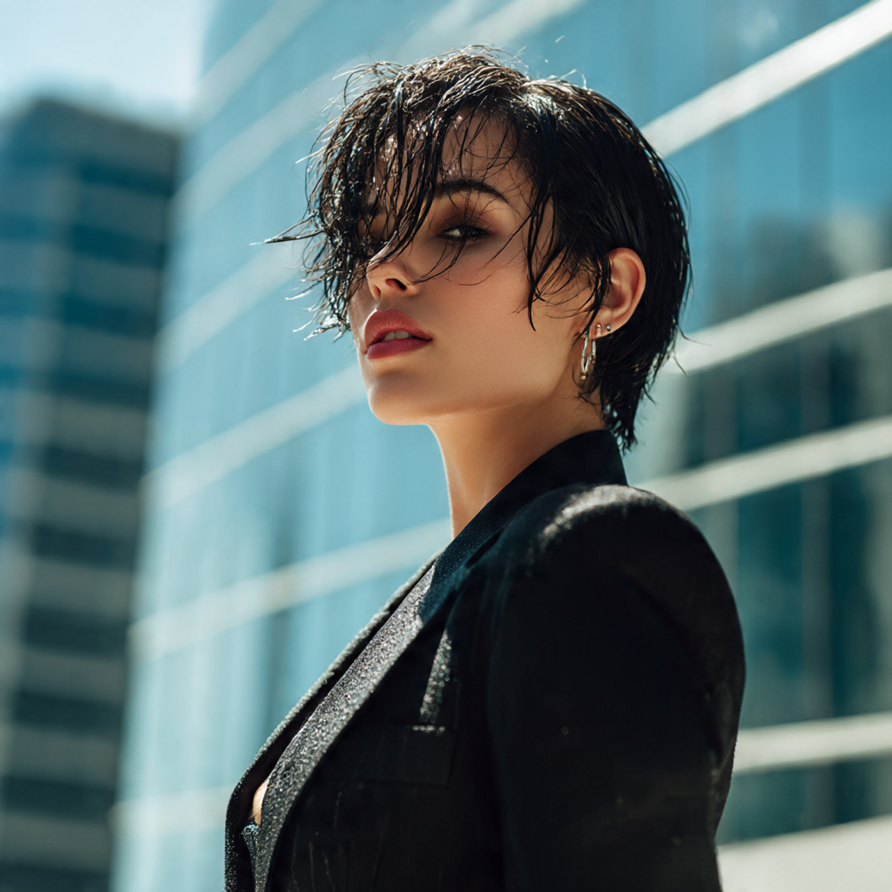 a trendy model with a wet look slick