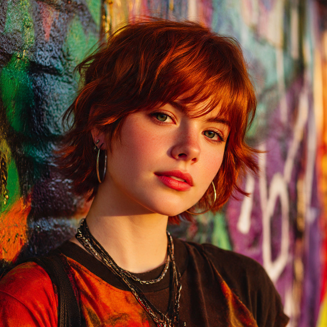 a trendy young woman with thick auburn