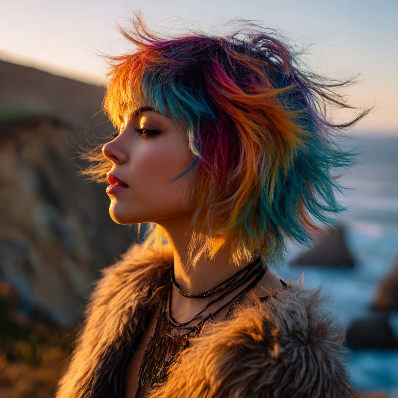 a vibrant shaggy wolf cut with bangs