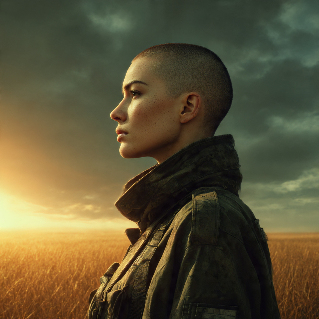 a woman in a stylish military inspired outfit