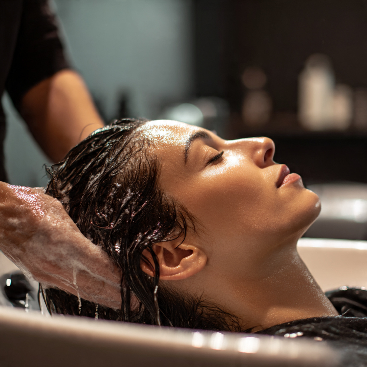 27 Short Silk Pressed Hair: Sleek, Shiny & Effortless Styles 13 a woman leaning back at a salon