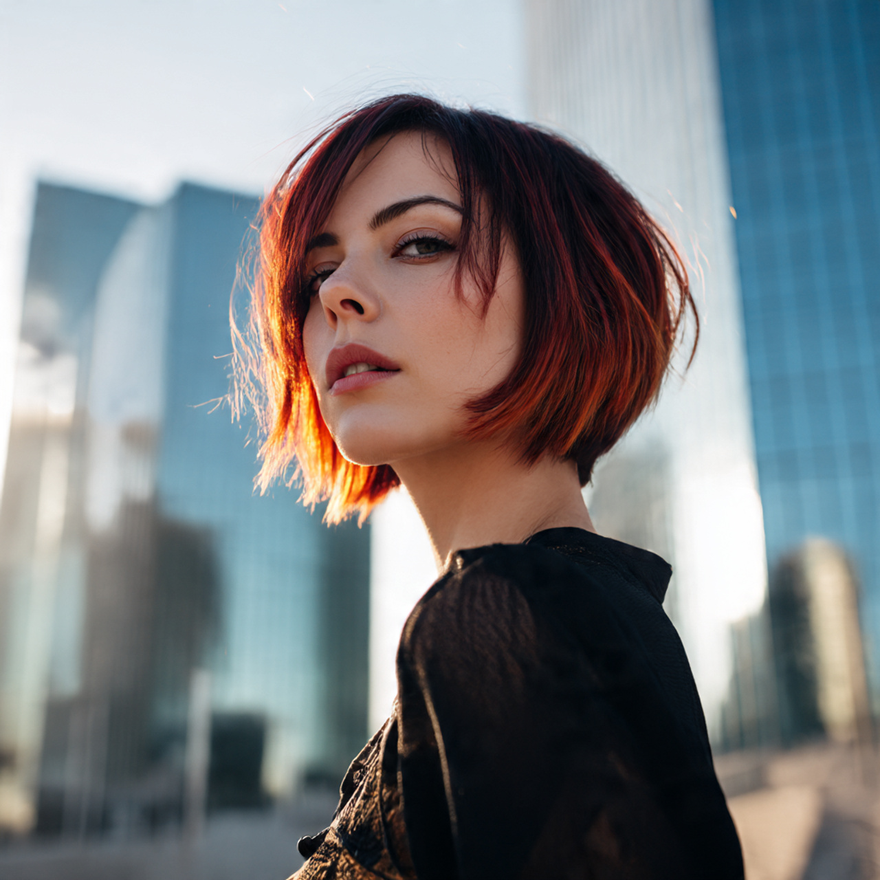 a woman showcasing a sleek asymmetrical bob
