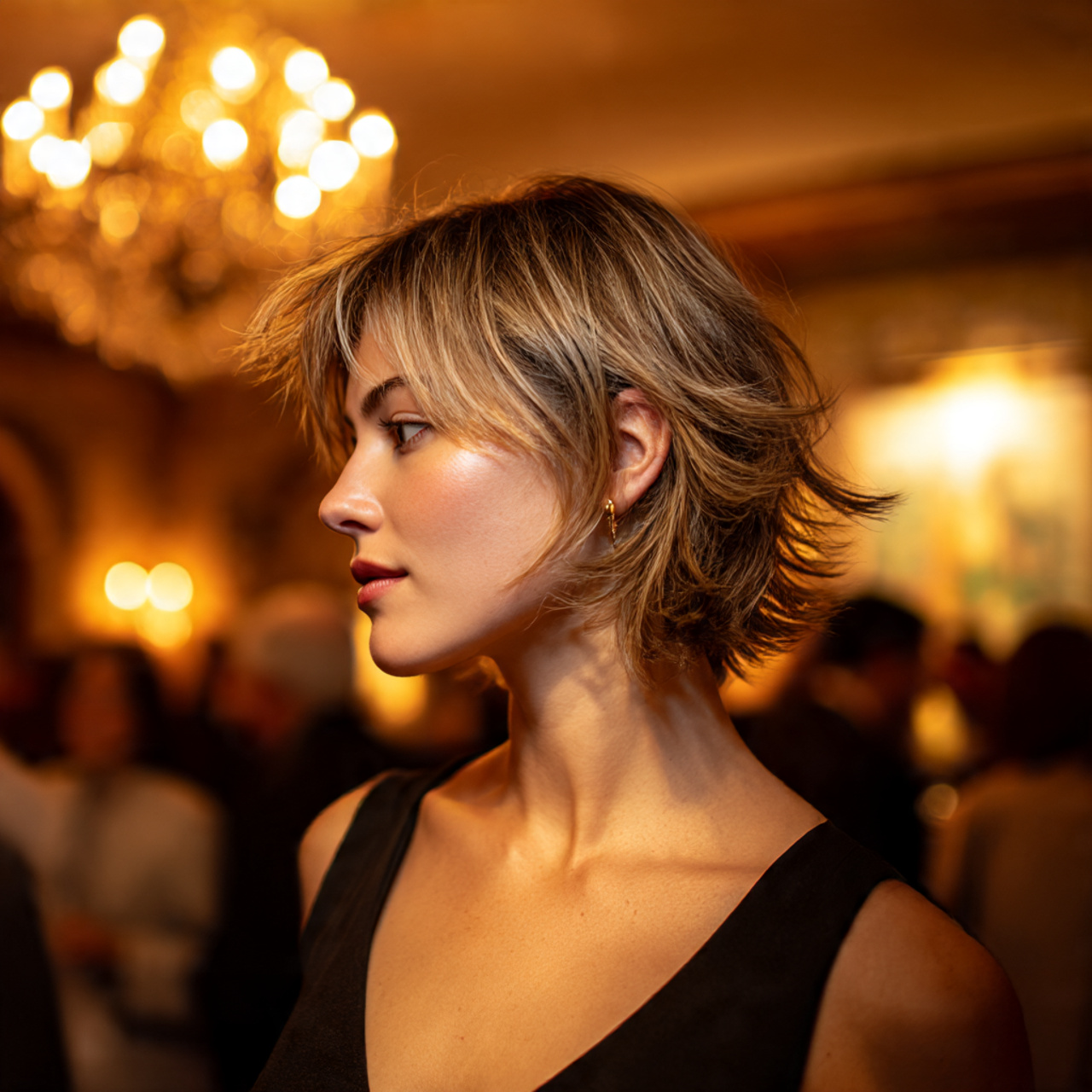 a woman showcasing sharp face framing wolf cut