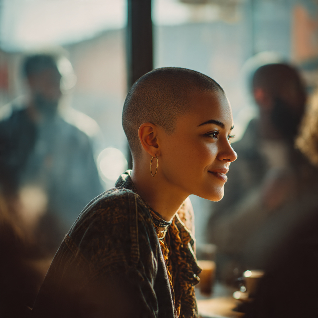 a woman with a bold buzz cut