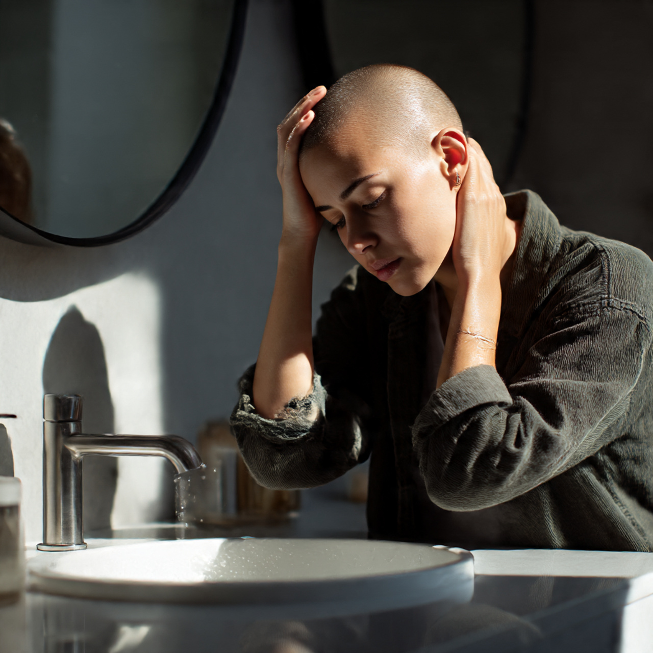 a woman with a buzz cut washing