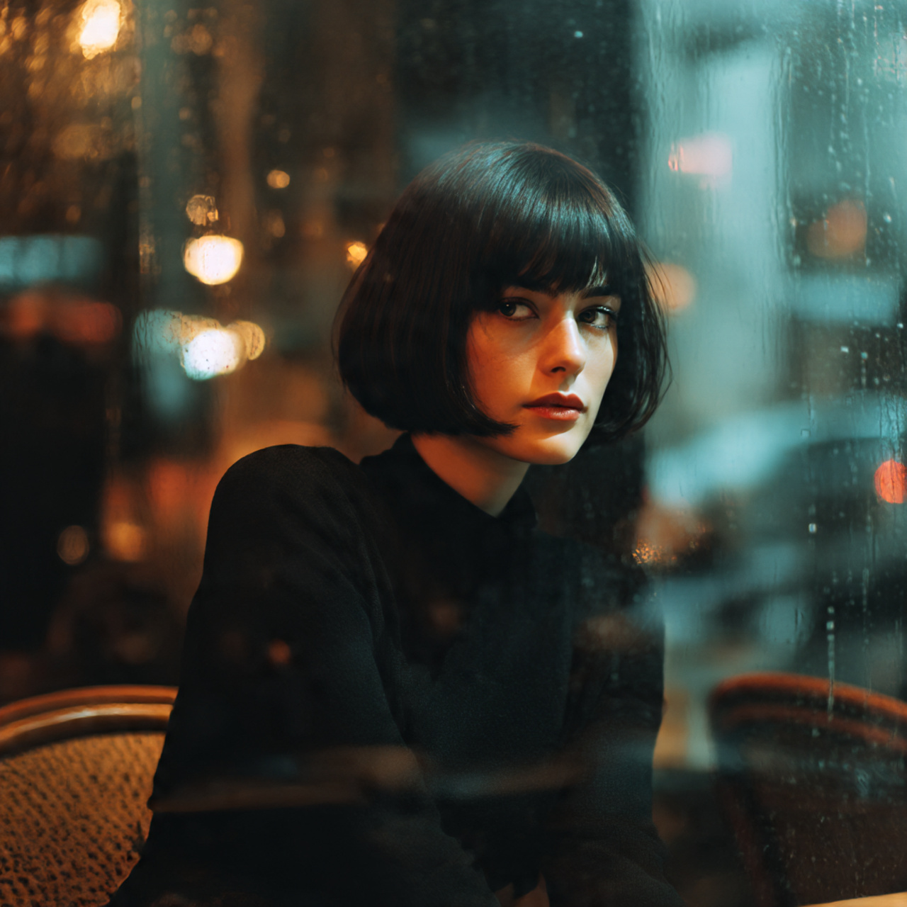 a woman with a dark and moody