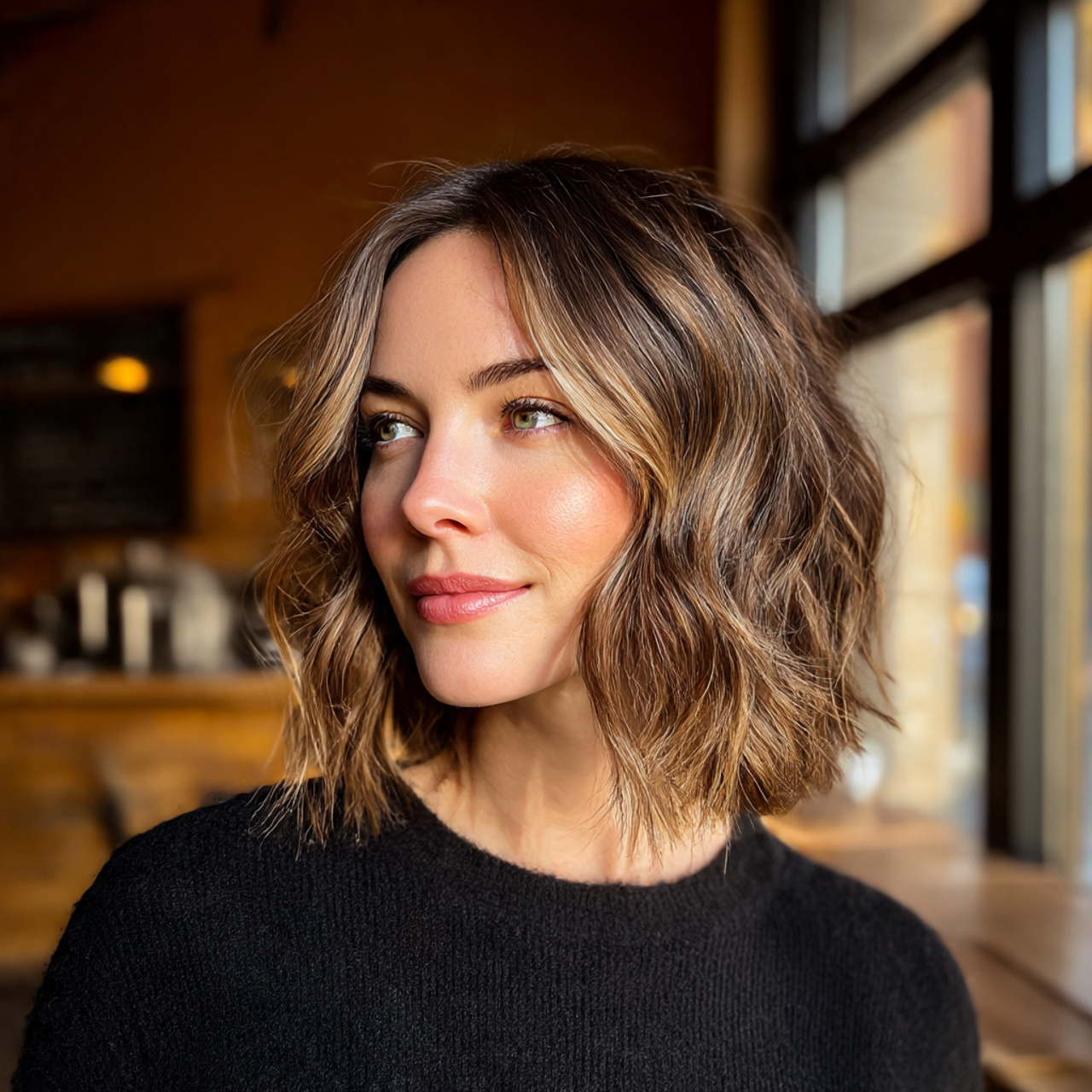 a woman with a face framing long bob