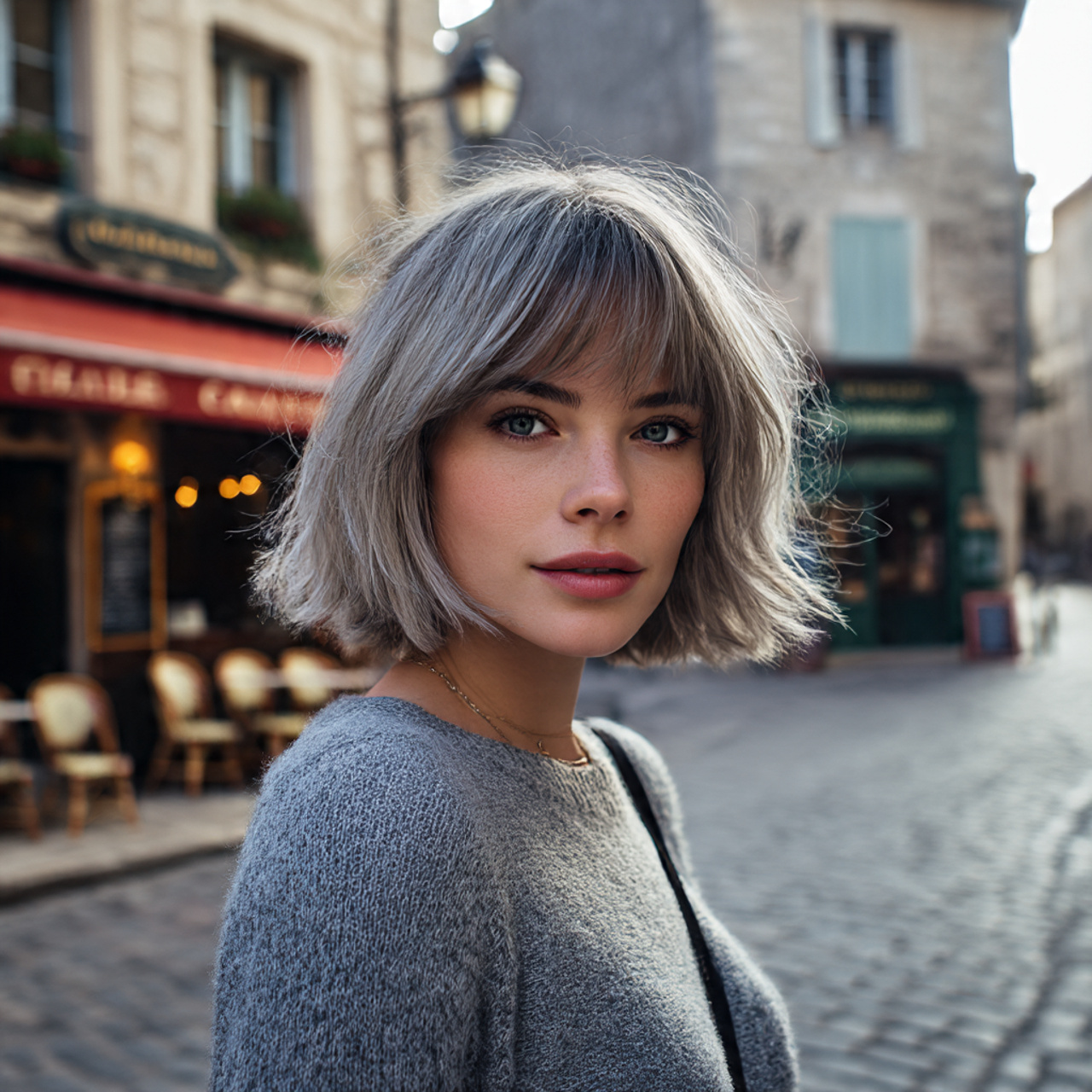 a woman with a simple low maintenance grey