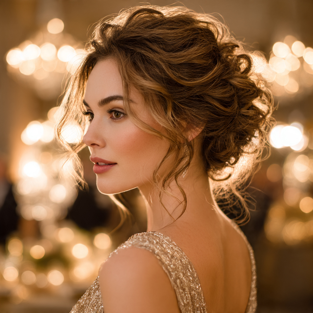 a woman with a soft romantic updo