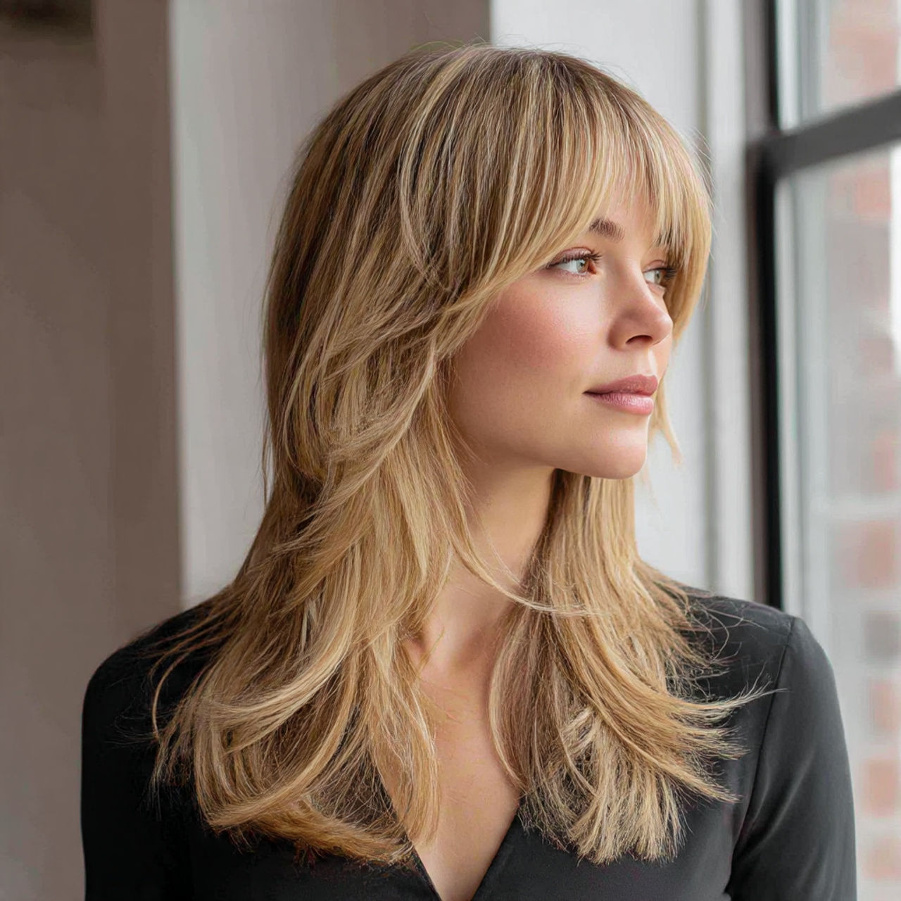 Blonde Wolf Cut with Bangs: 15 Stunning Hair Ideas You Need to Try 4 a woman with a subtle internal layering
