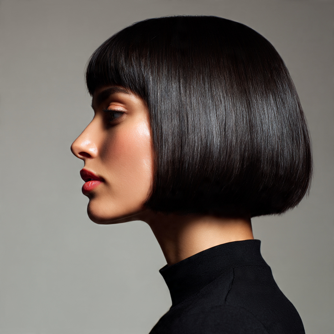 a woman with a super sleek glass hair bob pin straight
