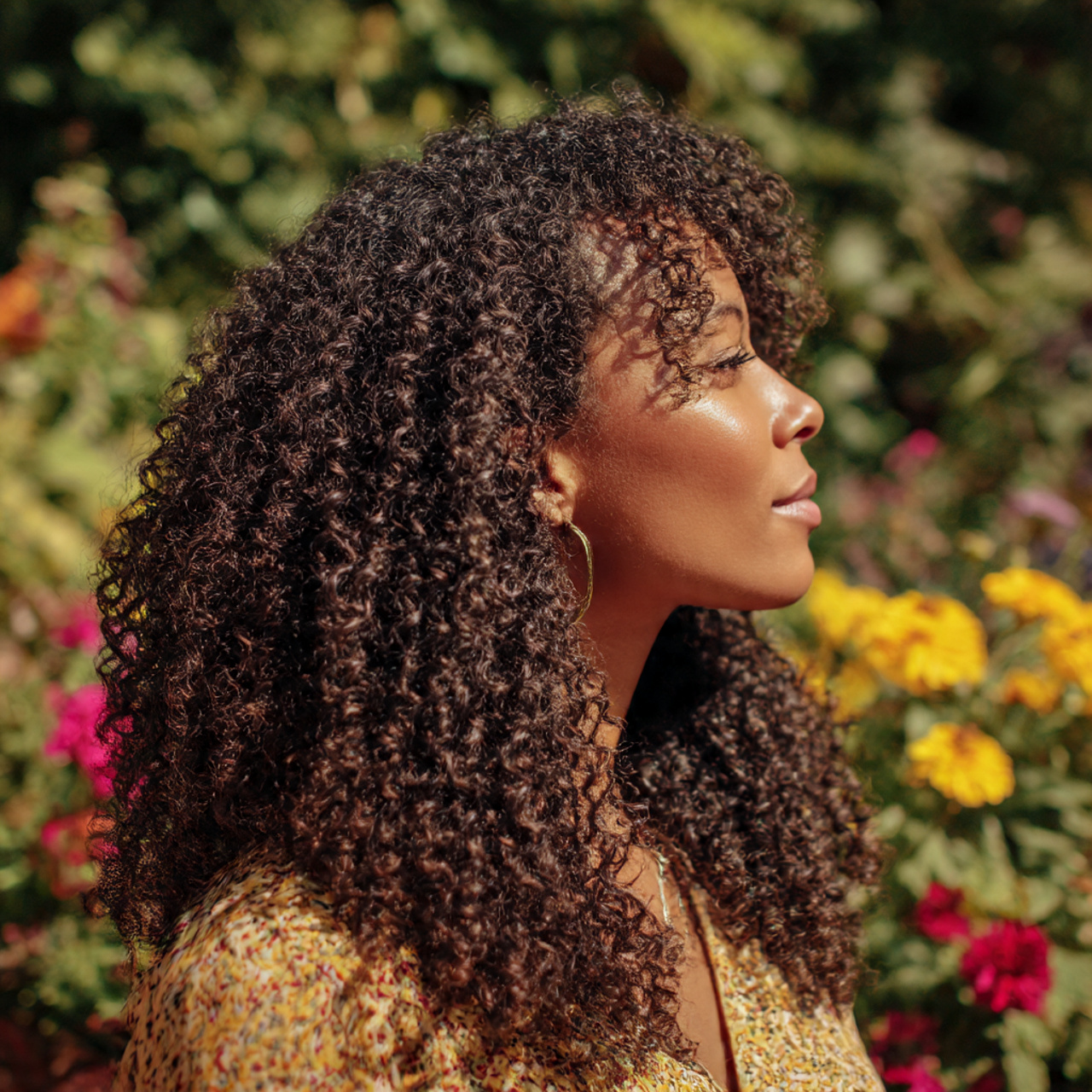 a woman with coily long layered curly