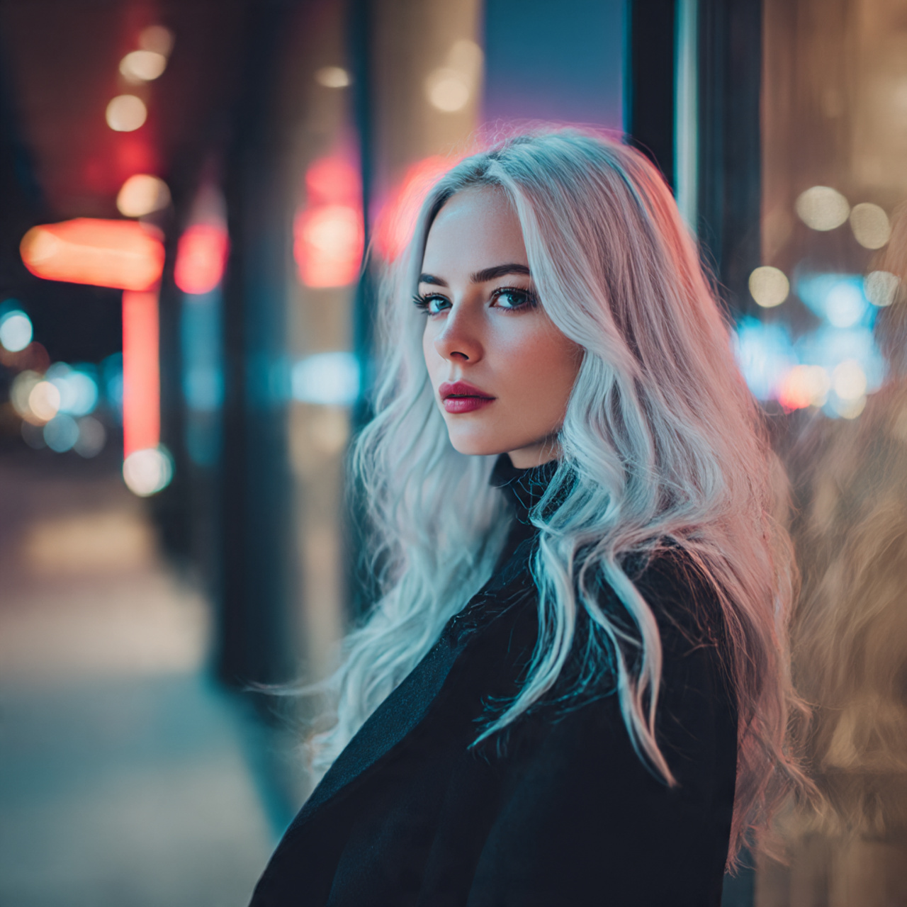 a woman with icy blonde hair showing