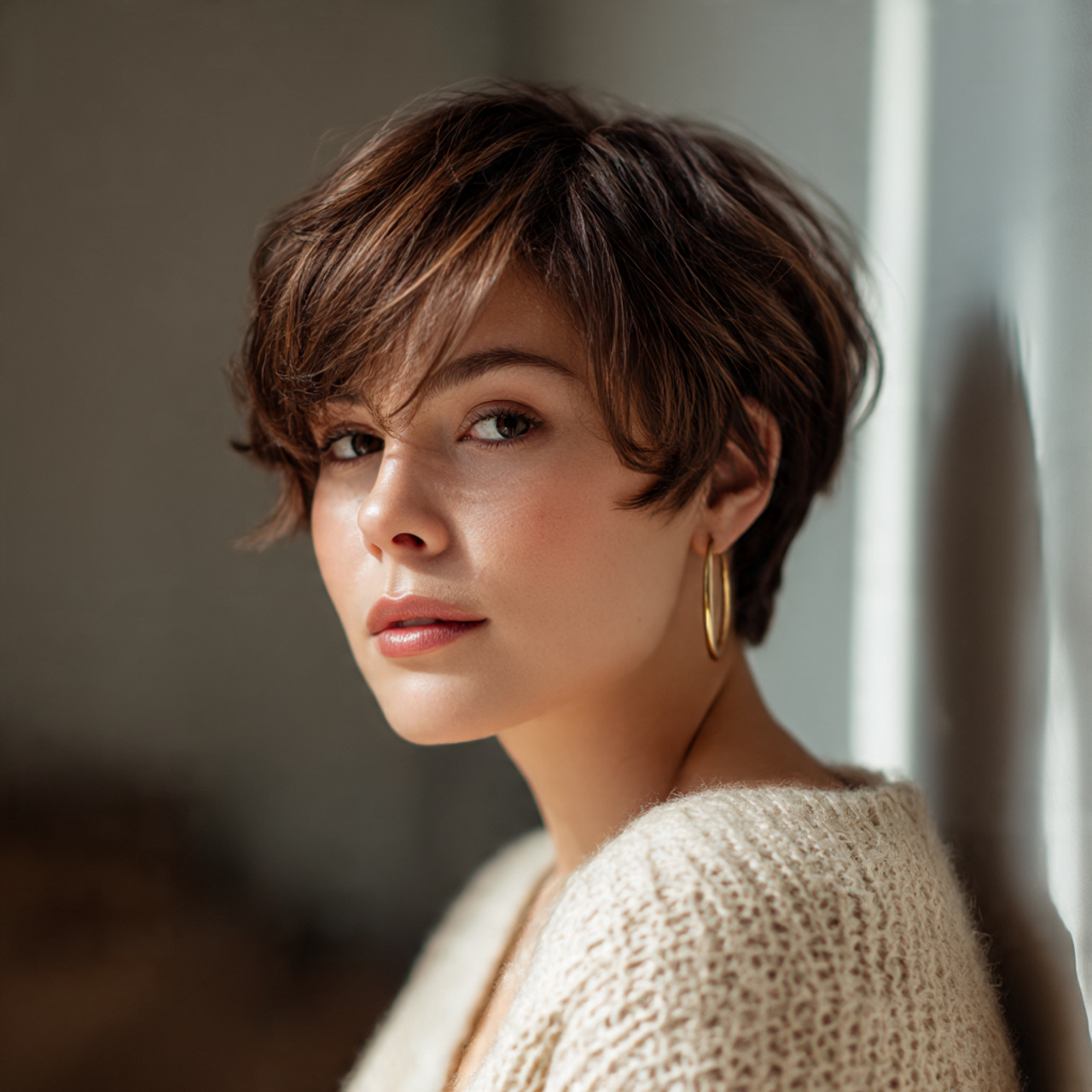 a woman with layered short hair for