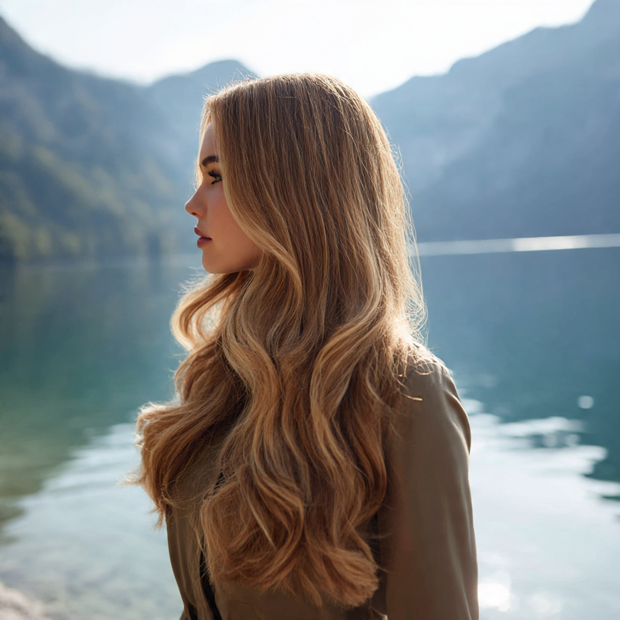a woman with long flowing hair tailored