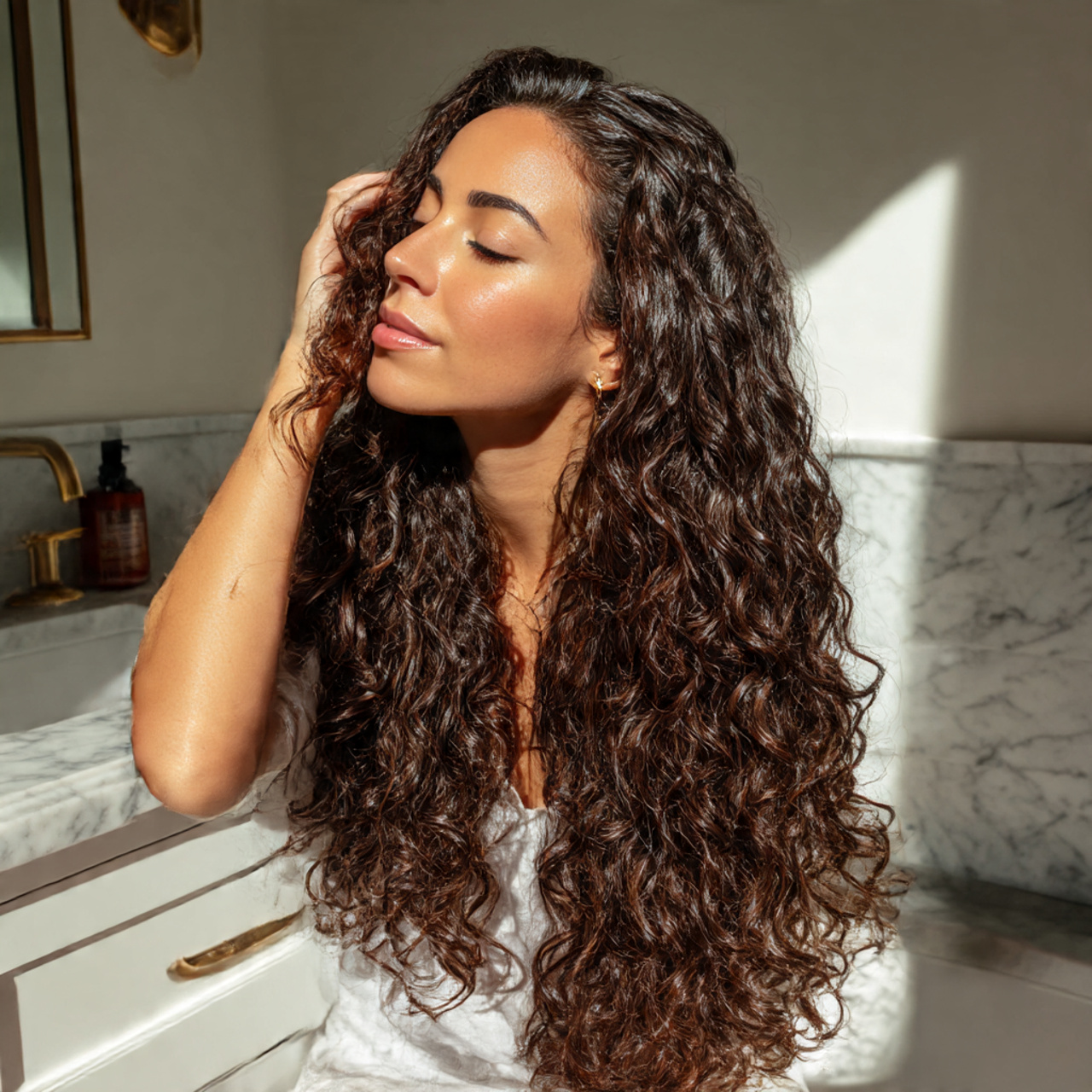 a woman with long layered curly hair 2