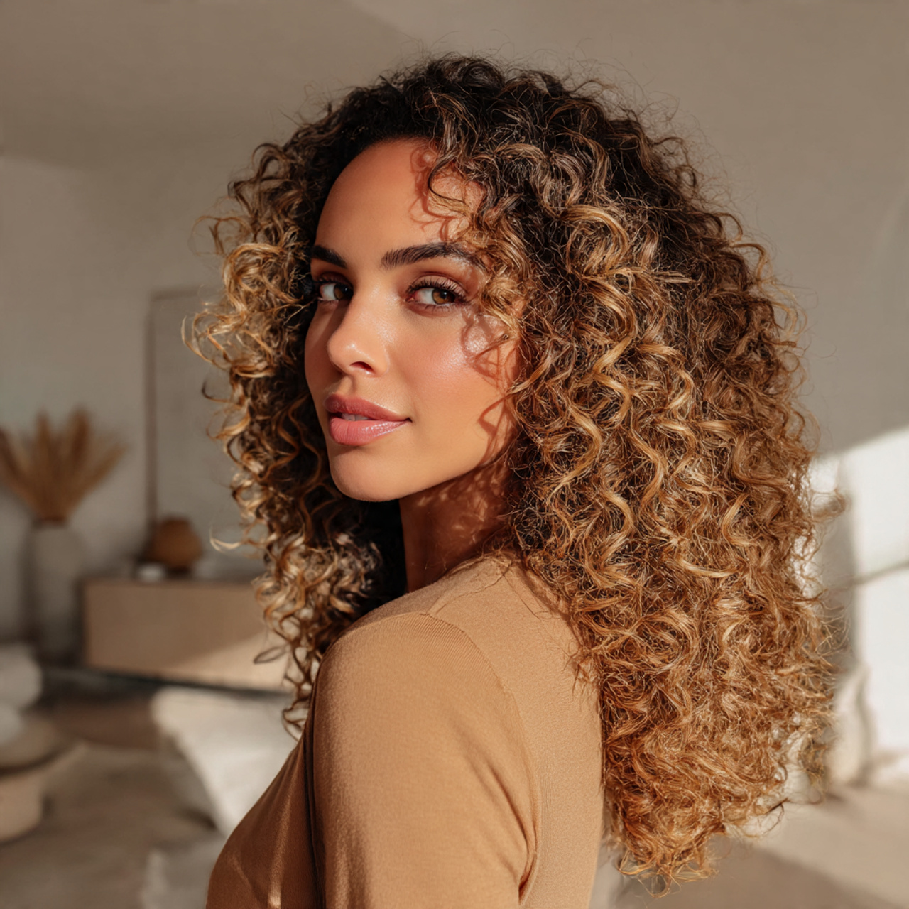 a woman with long layered curly hair 3