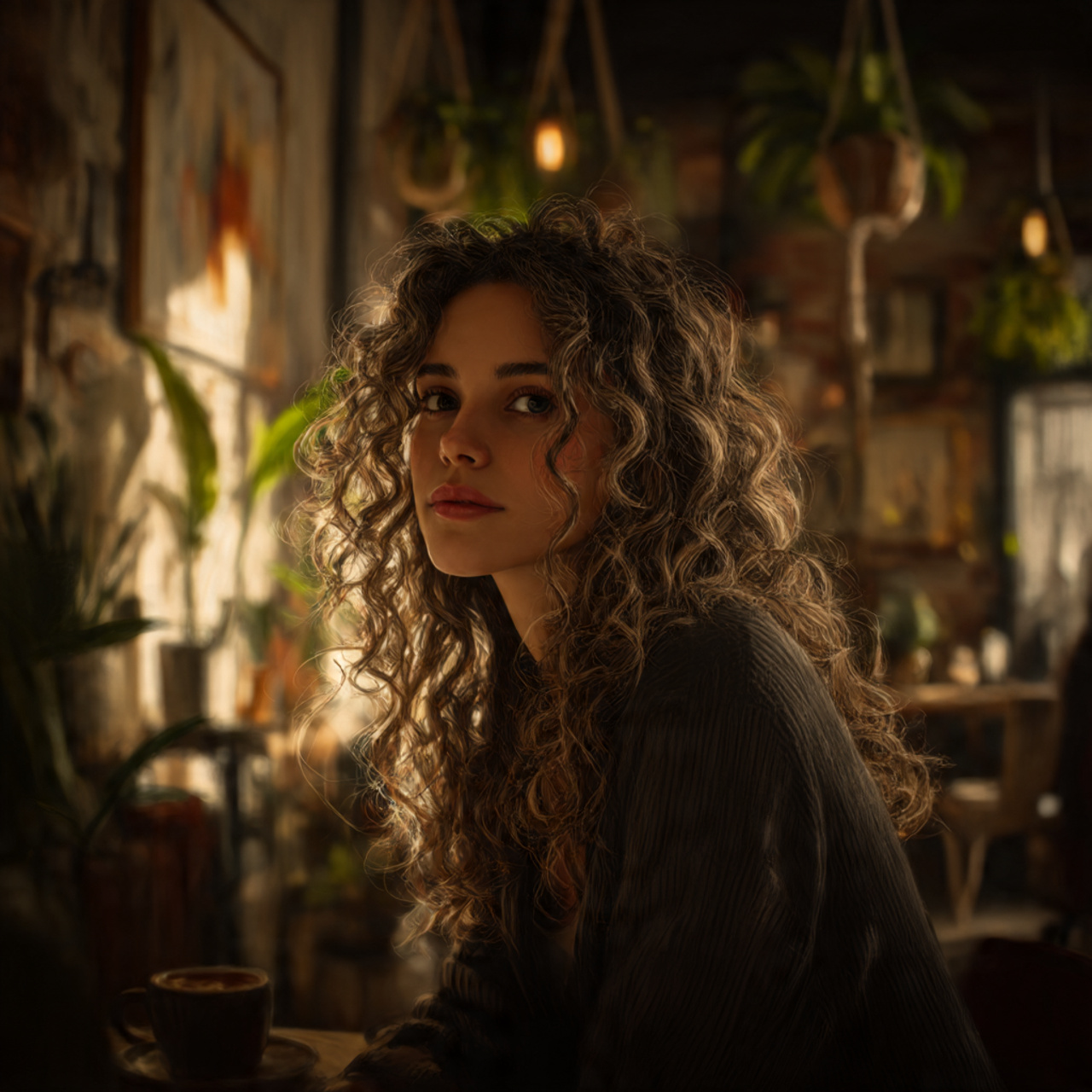 a woman with long layered curly hair