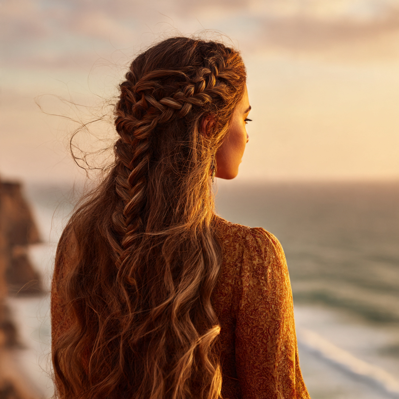 a woman with long wavy hair wearing 1