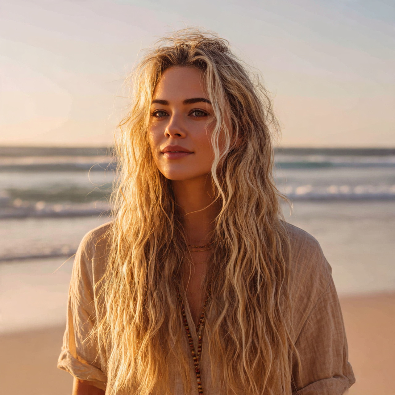 a woman with loose beach wave blowout
