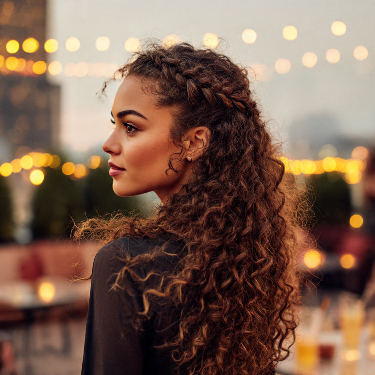 a woman with medium brown curly hair