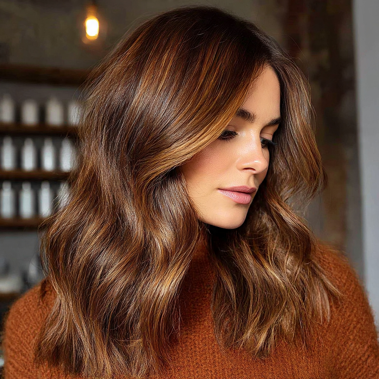 a woman with medium length brunette hair featuring