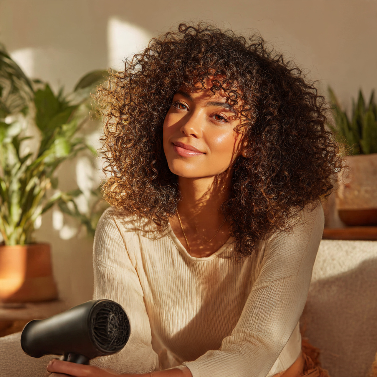 a woman with naturally curly hair showcasing