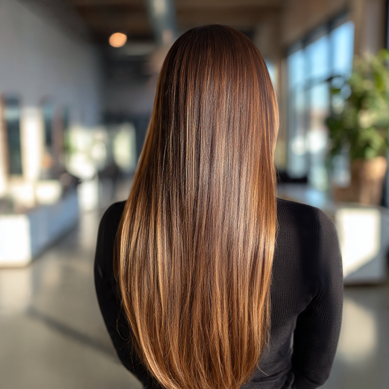 a woman with silky ultra long hair standing