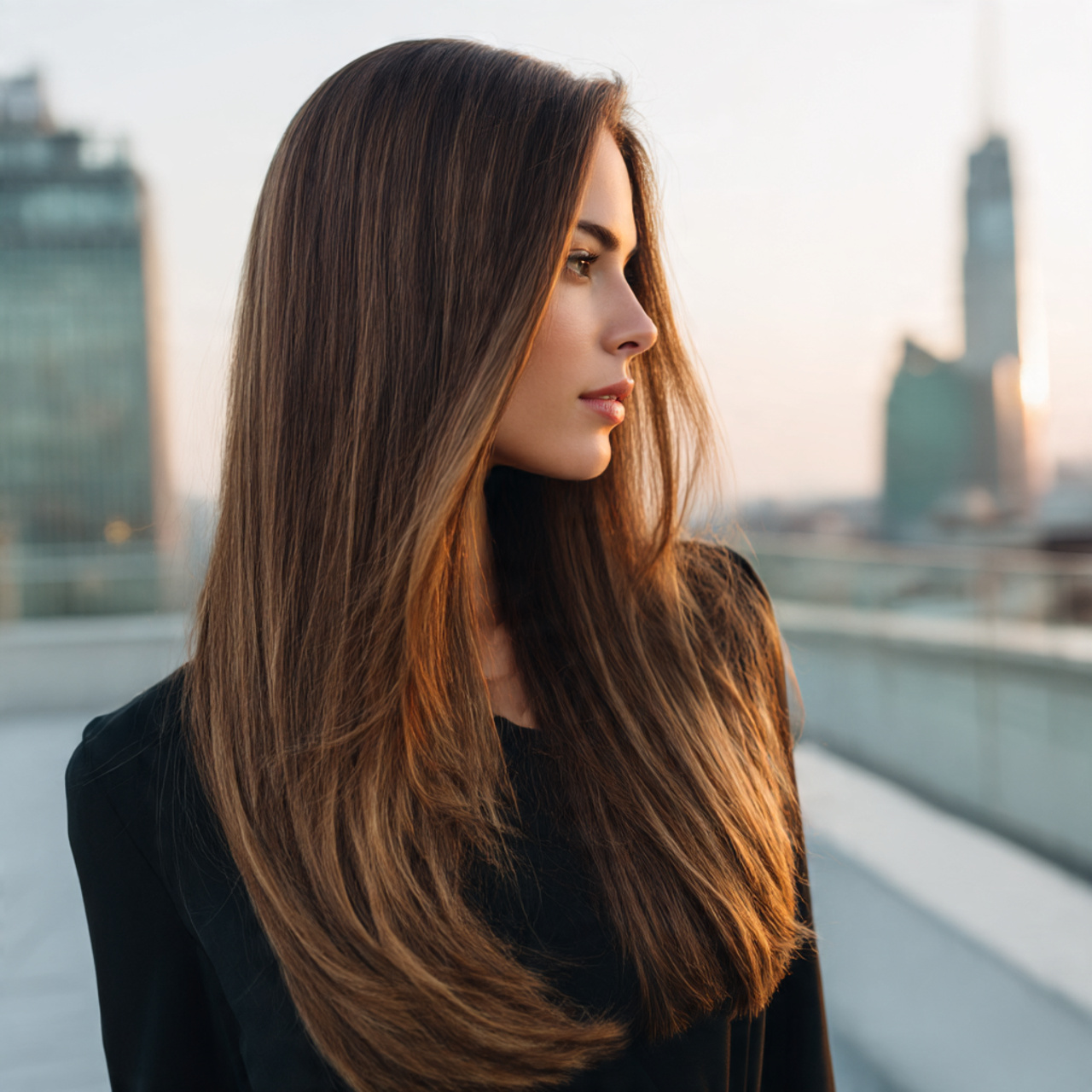 a woman with sleek and straight blowout