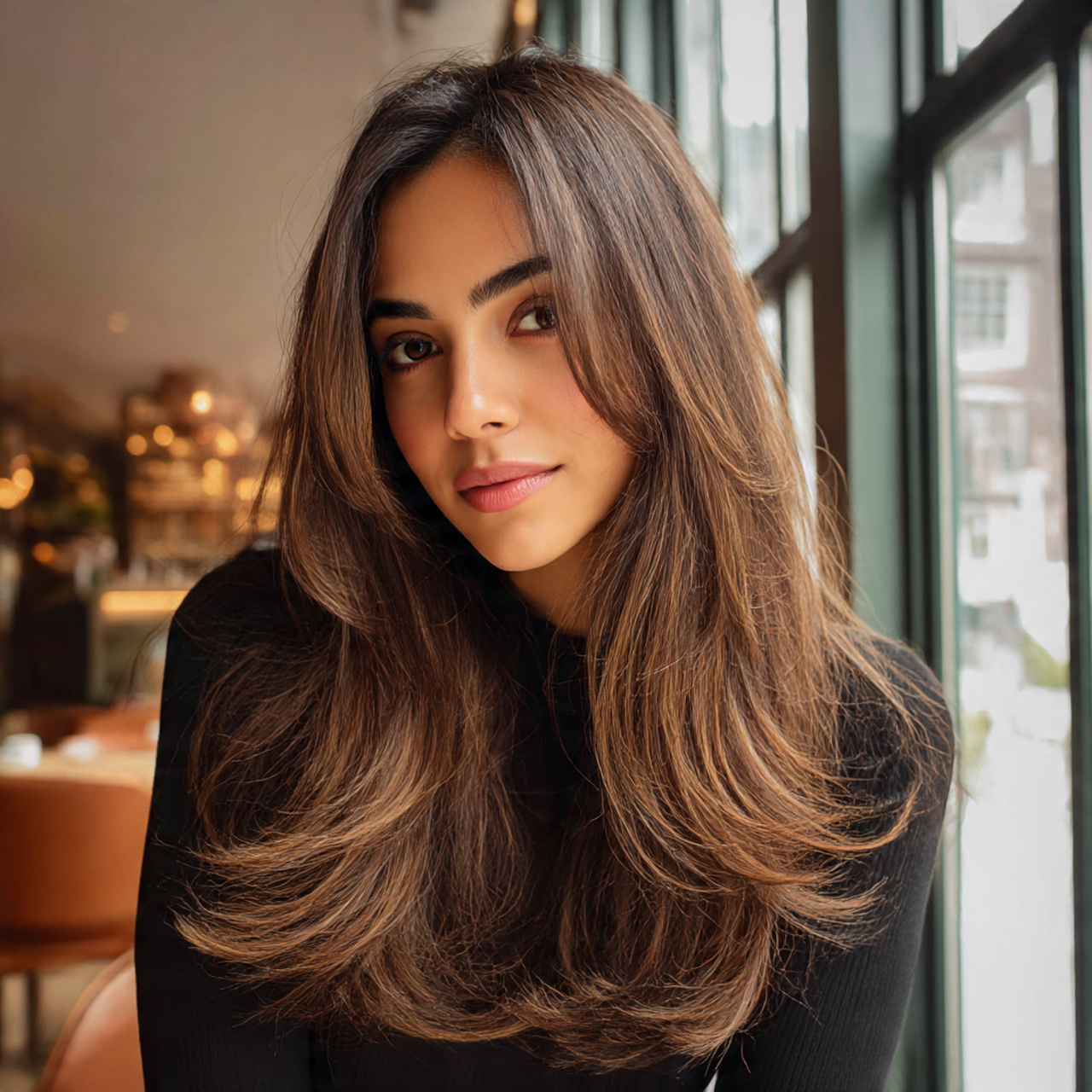 a woman with sleek blowout hairstyle and