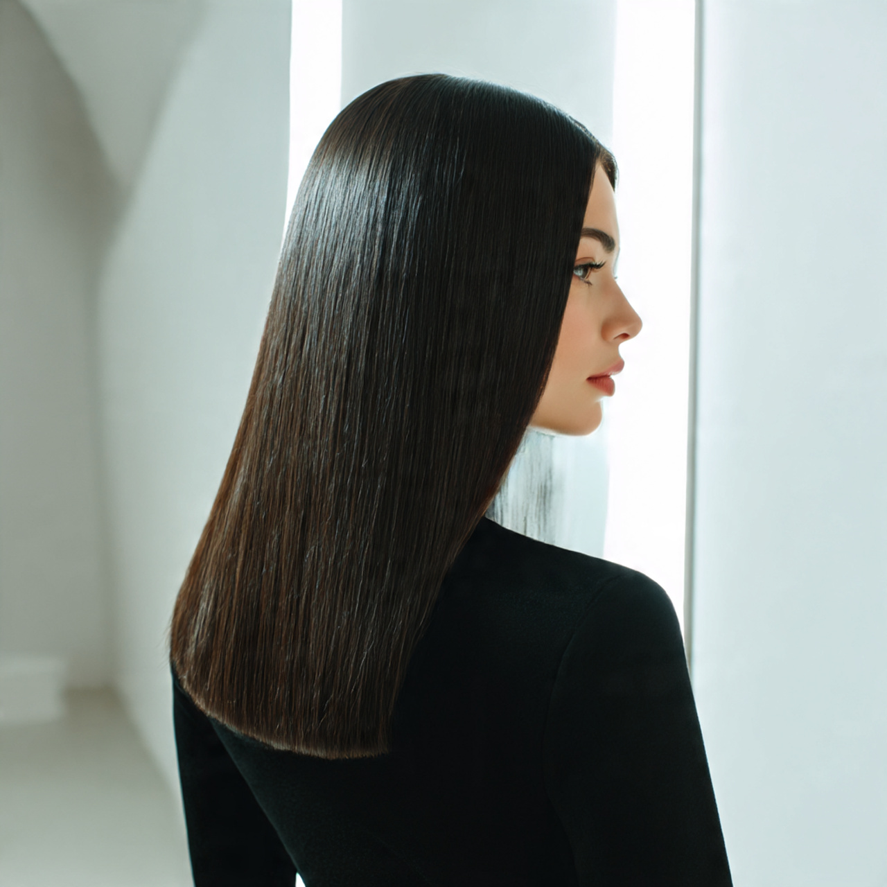 a woman with sleek straight waist length hair
