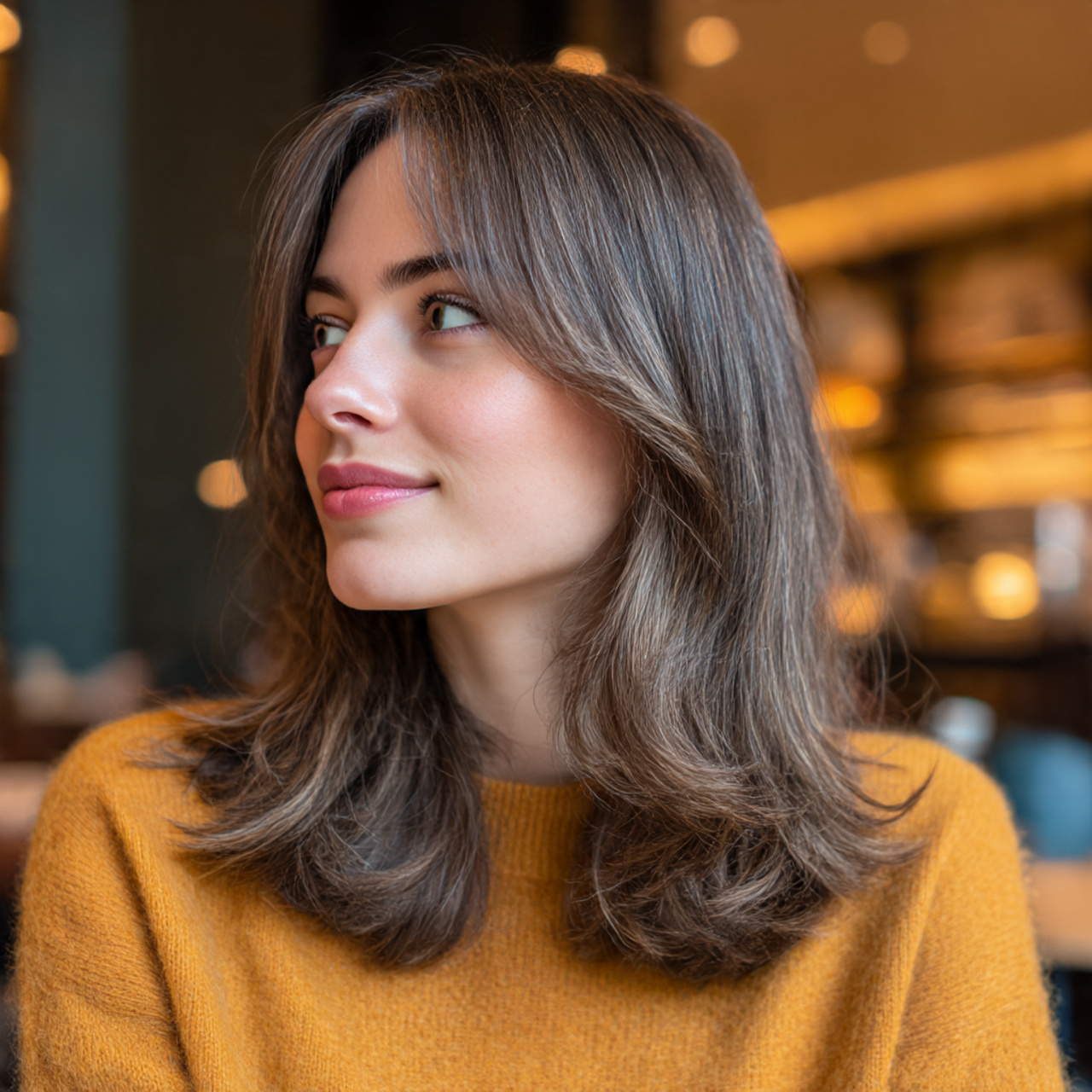 a woman with smooth medium length hair and