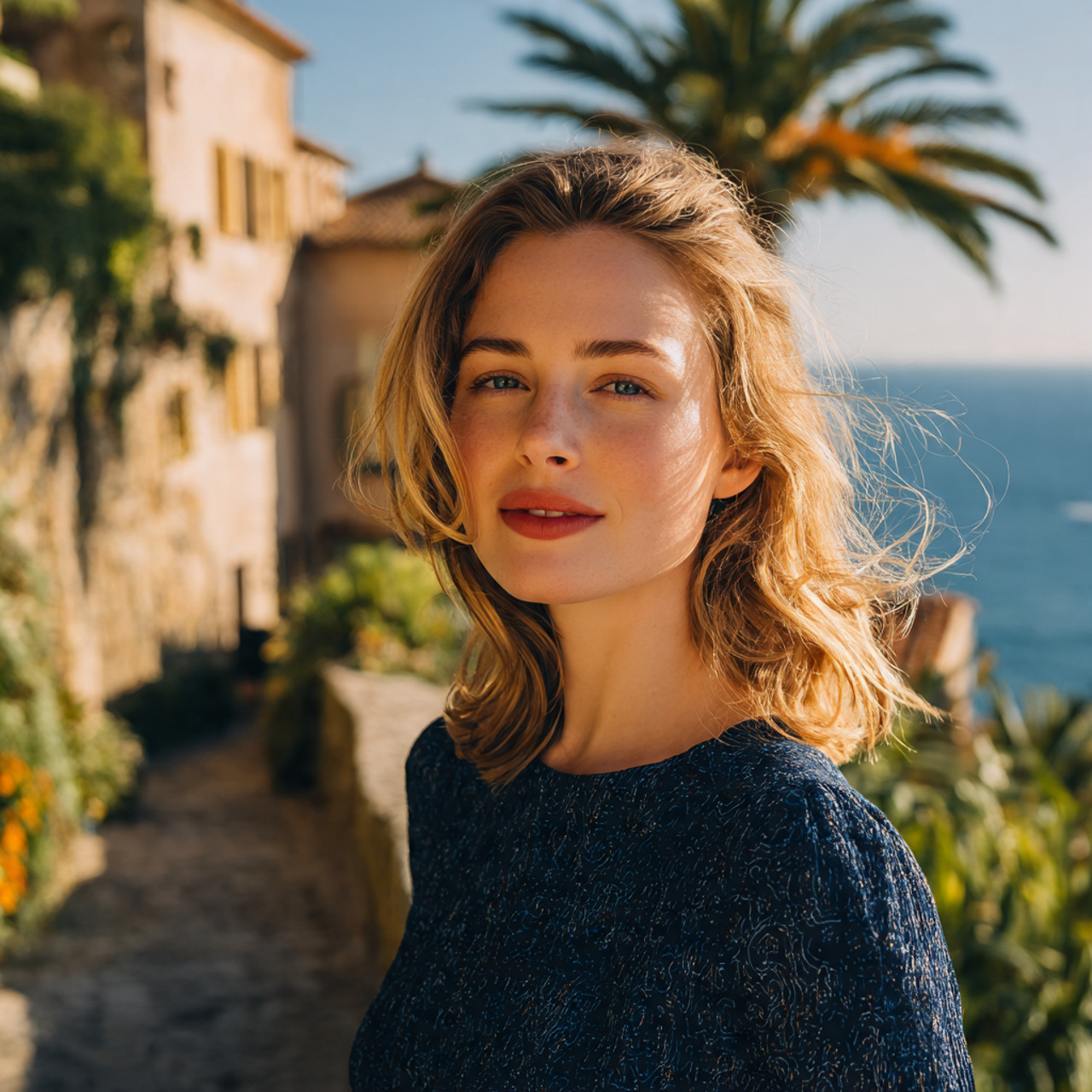 a woman with sun kissed riviera blonde and