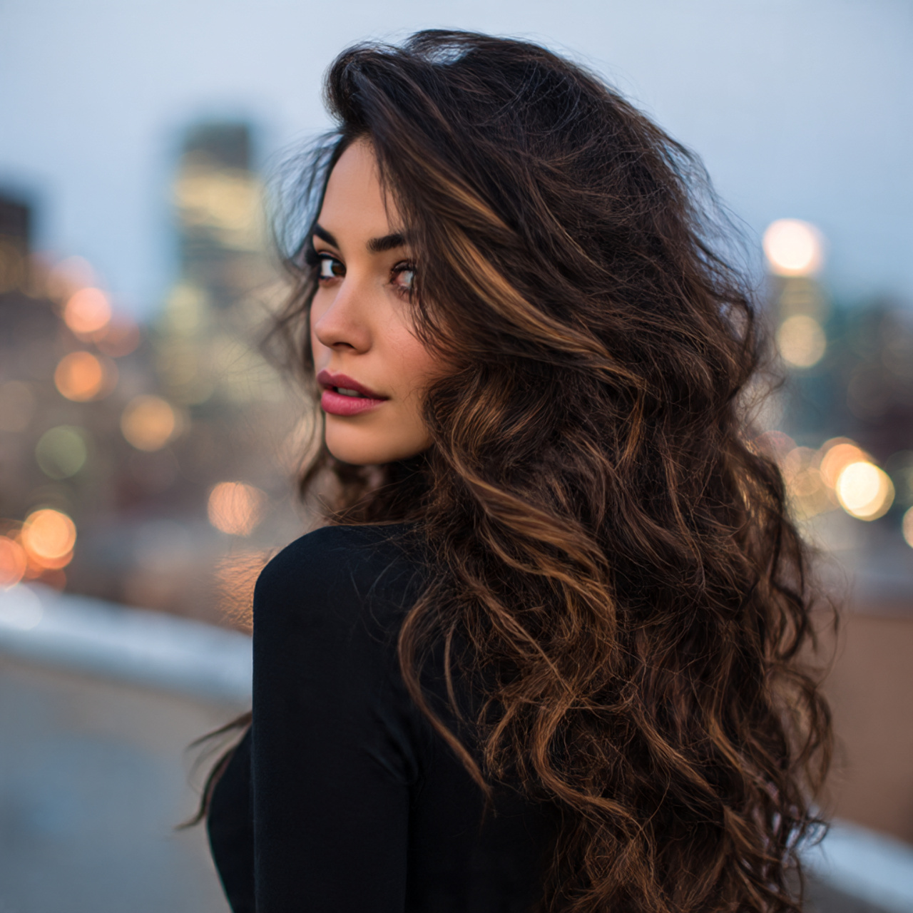 a woman with thick dark brown hair